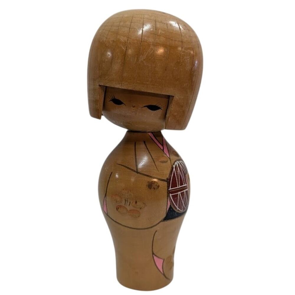 Vintage Japanese Kokeshi Doll Light Wood Colored Hand Painted Holding Red Ball